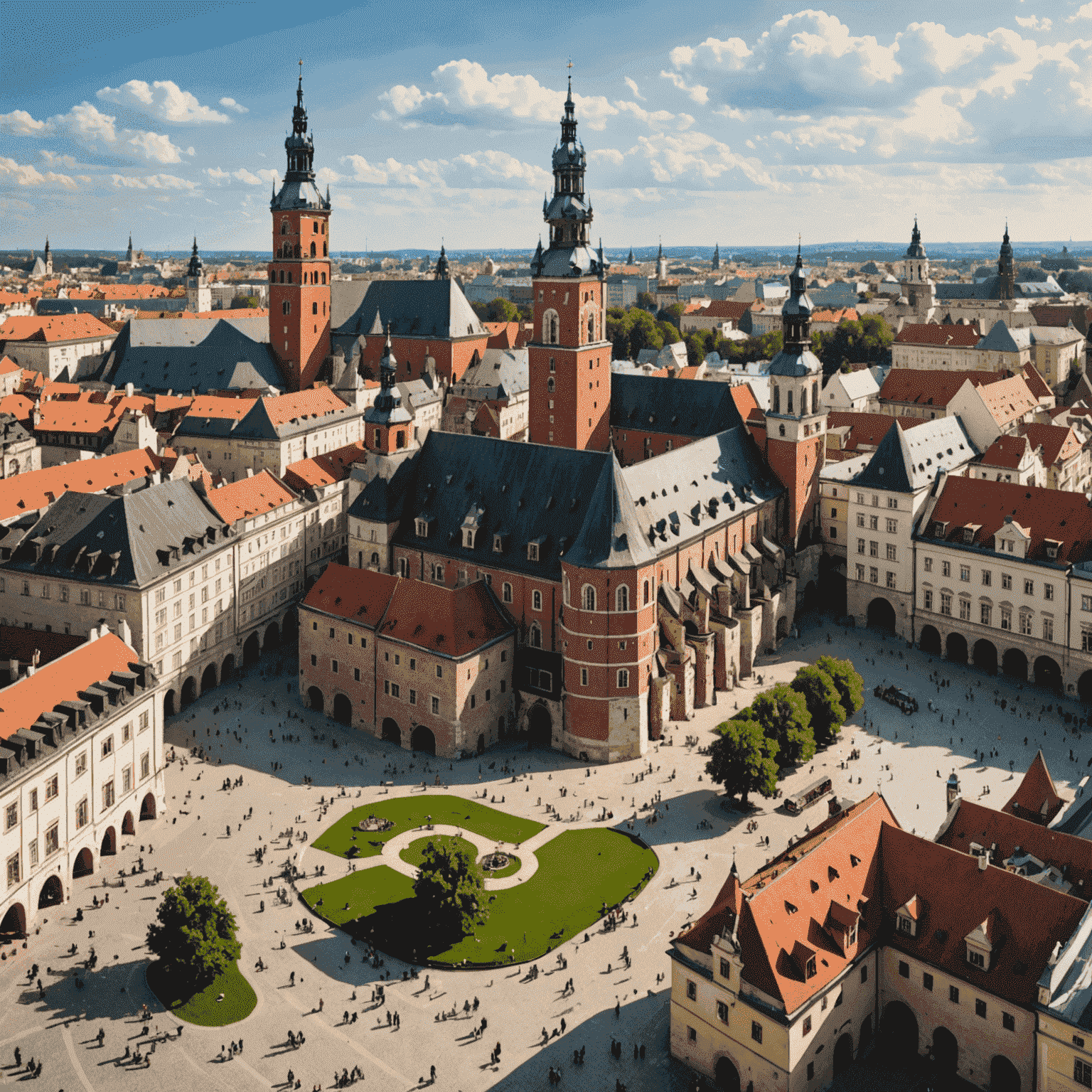 Panorama Krakowa z widokiem na Zamek Wawelski i Rynek Główny, otoczone średniowiecznymi budynkami i kościołami