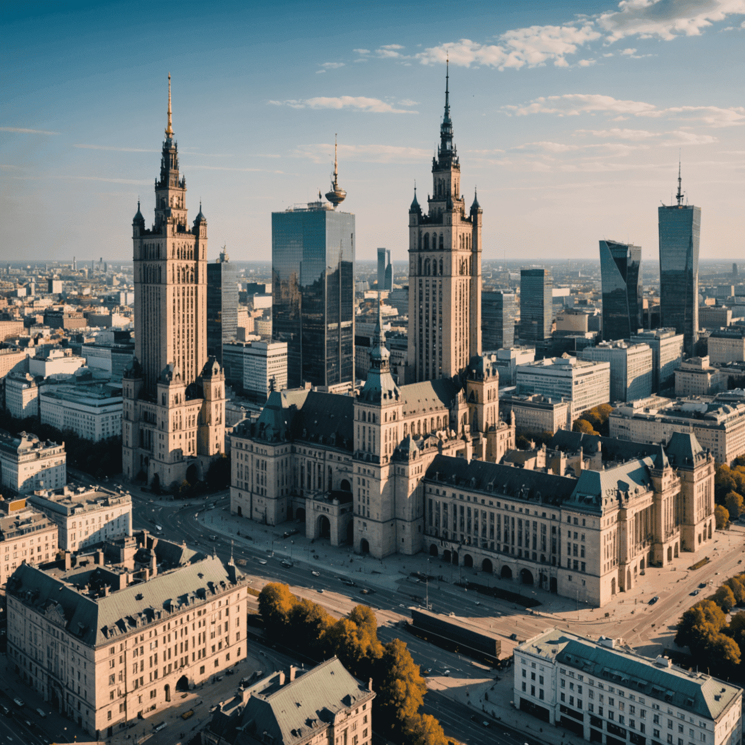 Panorama Warszawy z Pałacem Kultury i Nauki w centrum, otoczonym nowoczesnymi wieżowcami i odrestaurowanymi zabytkami